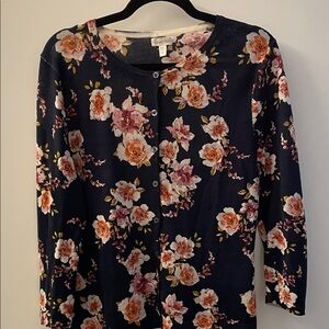 Garnet Hill Black Floral Button-Down light wool Sweater M Flaw